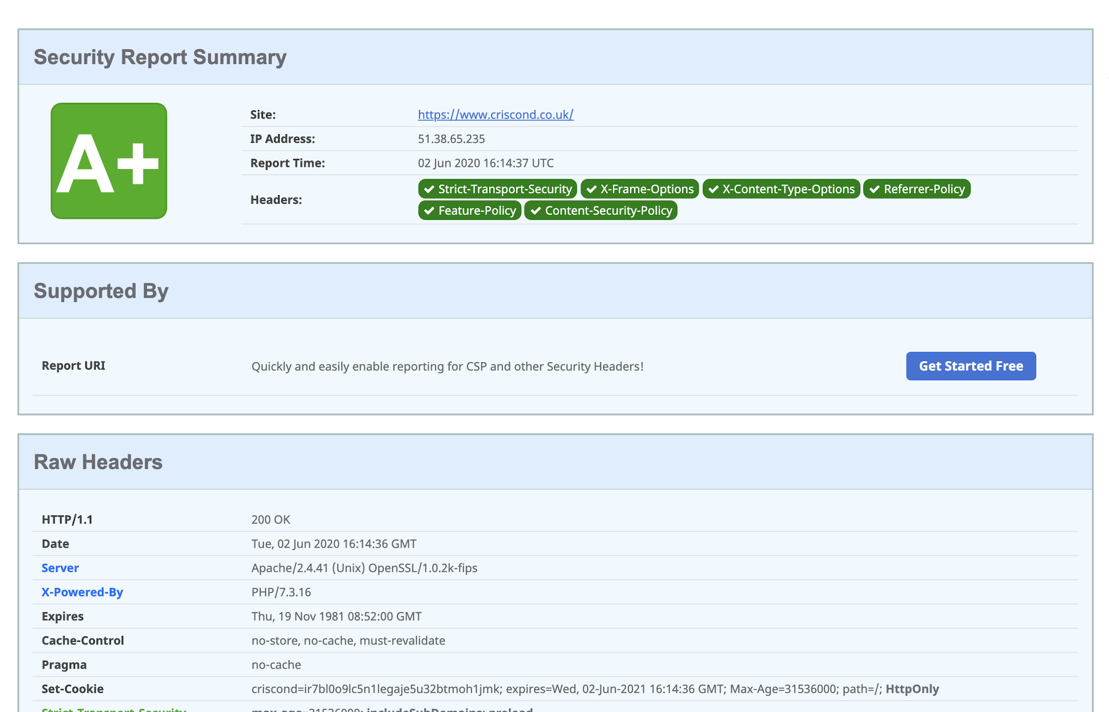 Security Headers test result for criscond.co.uk